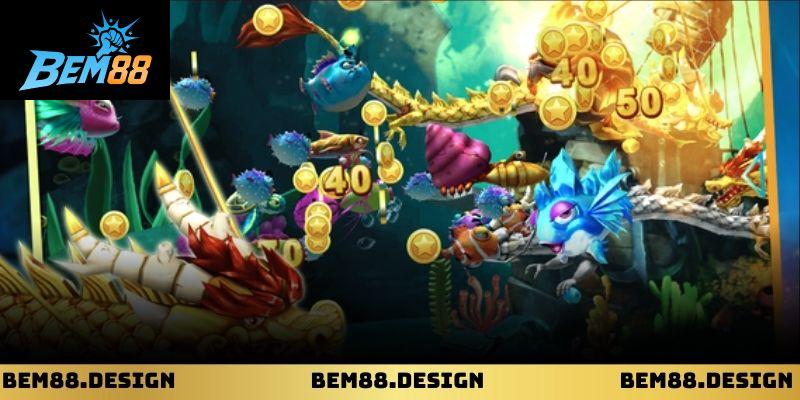 Giao diện game bắn cá với hiệu ứng sinh động và ánh sáng rực rỡ